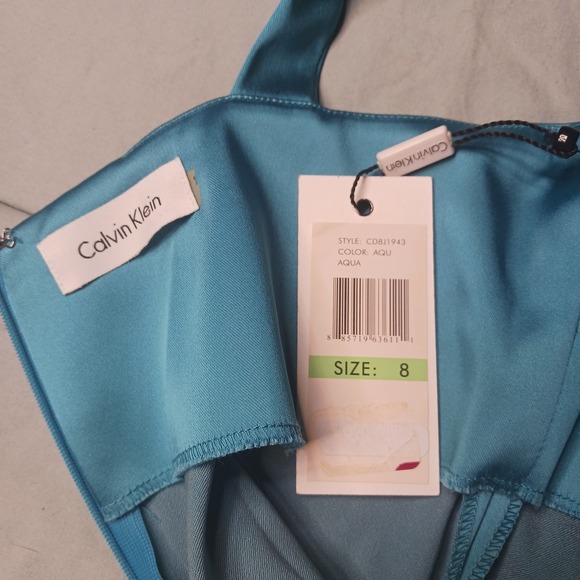 NWT Calvin Klein satin dress midi knee length square neck jewel tone aqua Sz 8 - Picture 4 of 8